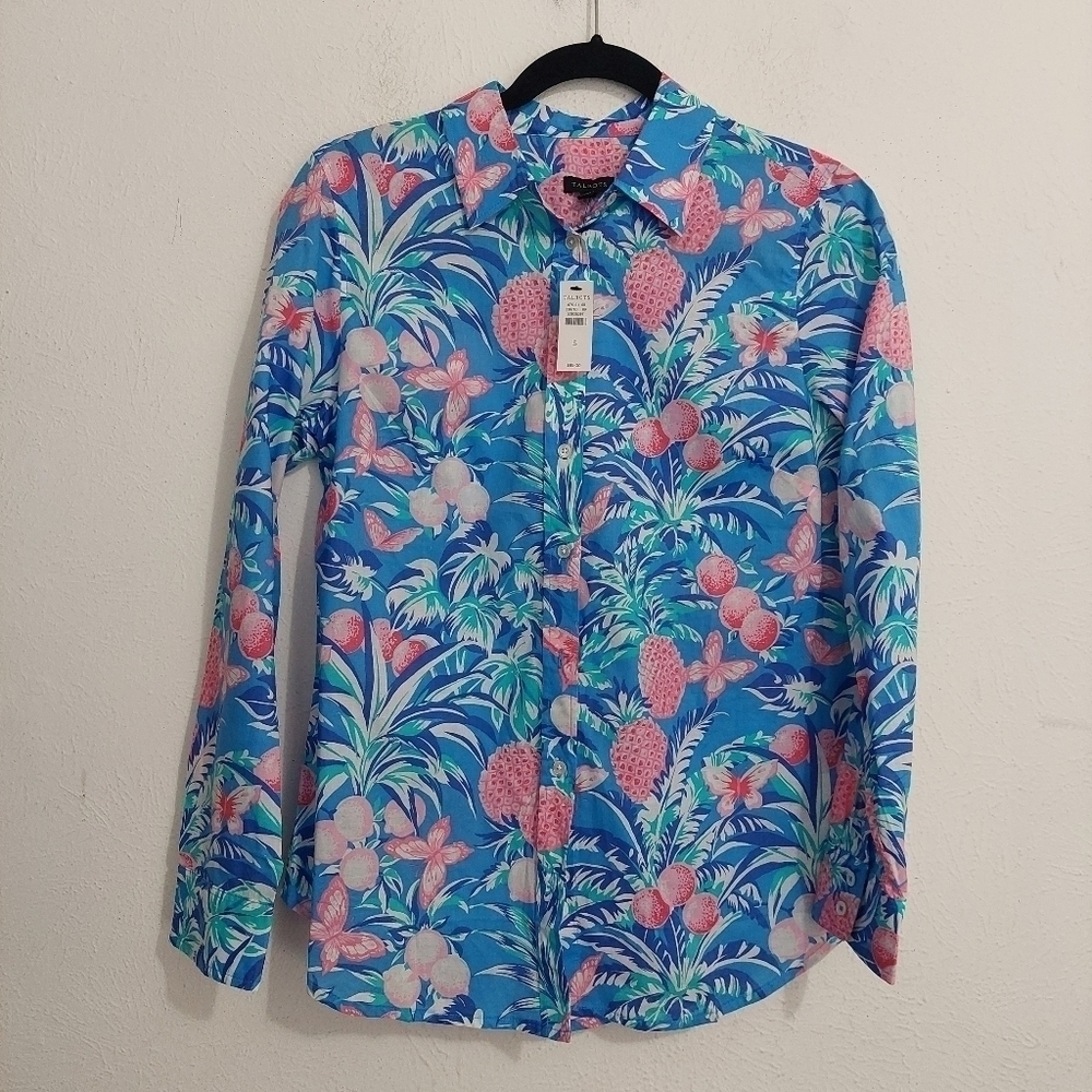 New Talbots Blue Pink Floral Button Front Shirt Long Sleeve Lightweight Size‎ S